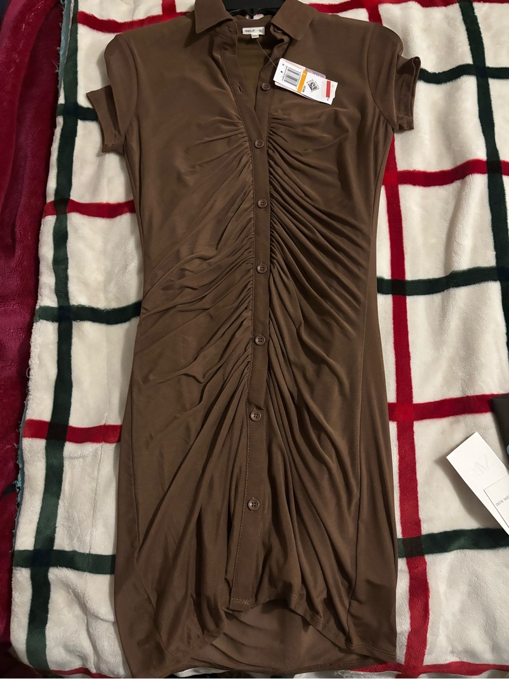 Macy's Brown Ruched Button-Front Midi Dress